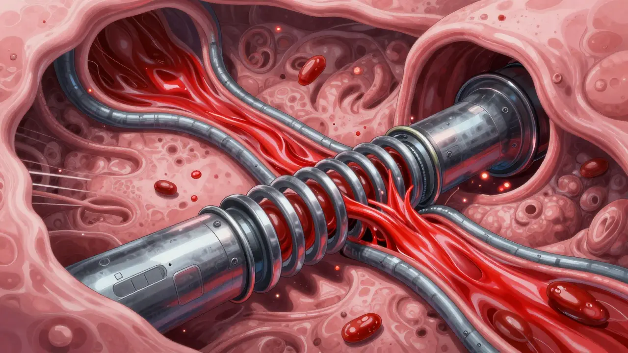 Internal view of blood vessels dilating mechanically to allow increased blood flow.