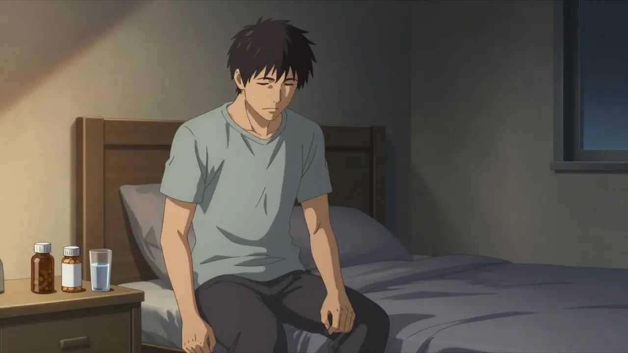 Man sitting on bed edge pausing before standing up for safety