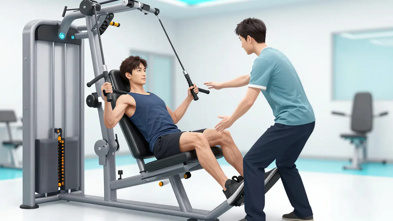 Patient performing resistance training in a modern physical therapy clinic