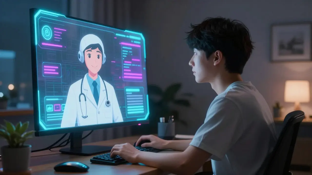 Person consulting with a holographic doctor via a futuristic telehealth interface