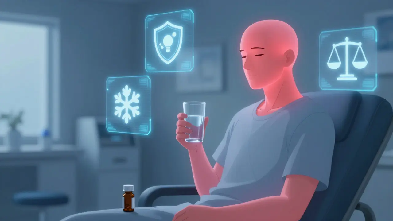 Person in a calm setting managing medication side effects with relief strategies.
