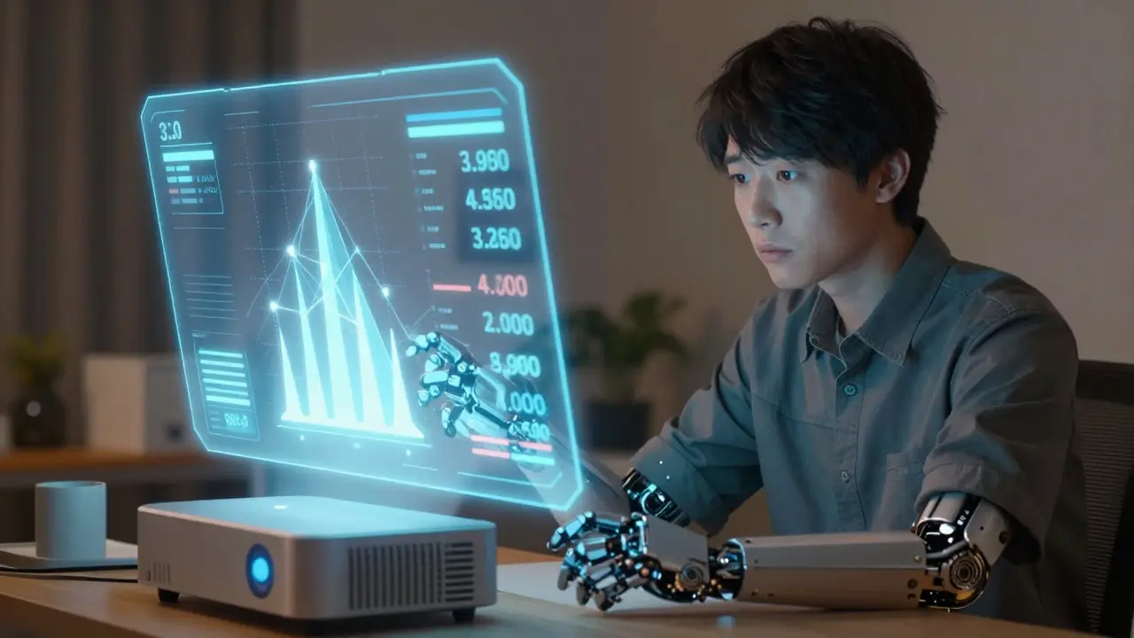 Person viewing holographic price comparison data for medications