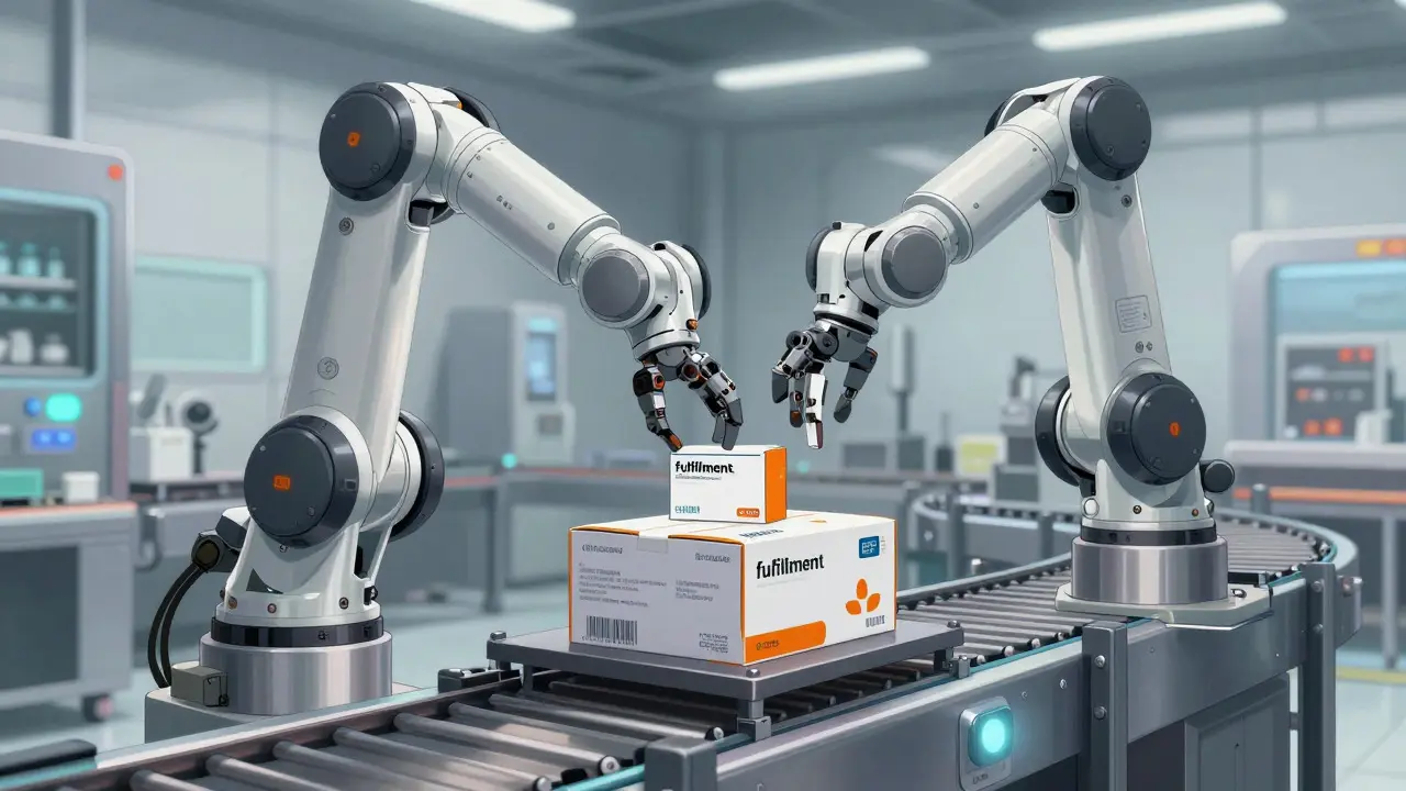 Robotic arm packing medication box in futuristic pharmacy