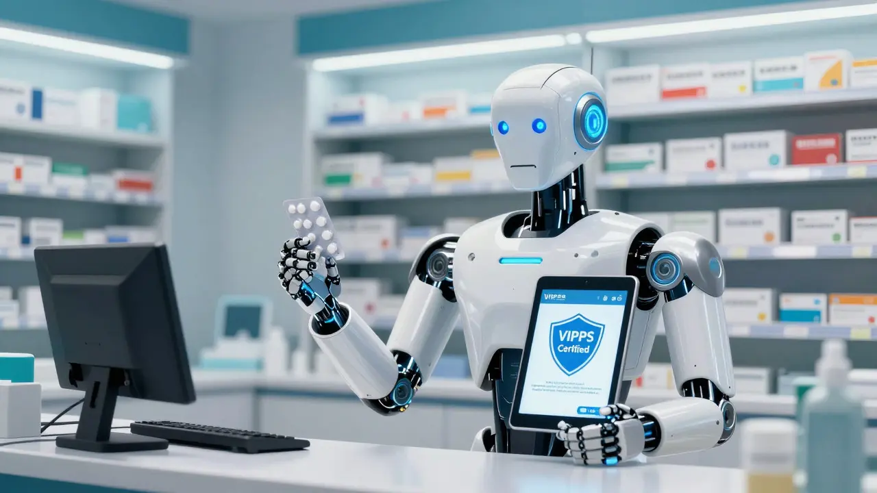 Robotic pharmacist presenting verified generic medication and safety seal