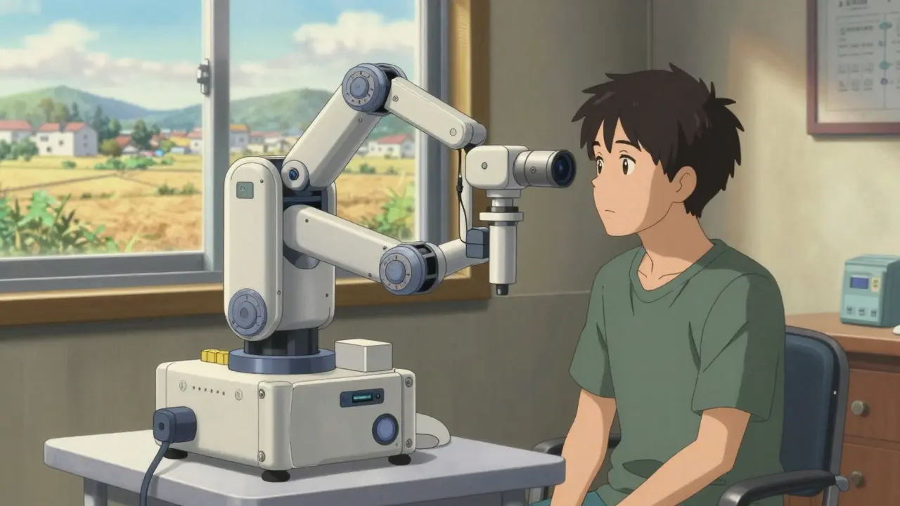Rural patient using a portable robotic teleophthalmology unit in a community center