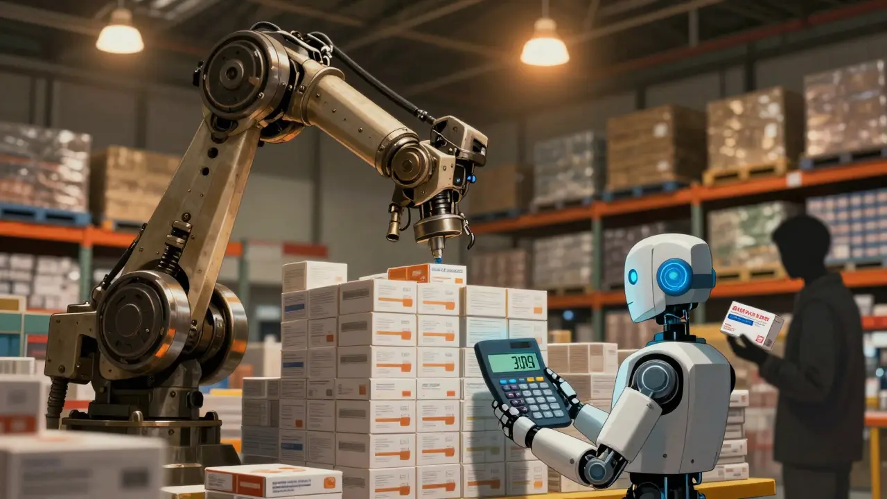 Warehouse robots sorting bulk medications with low-cost displays