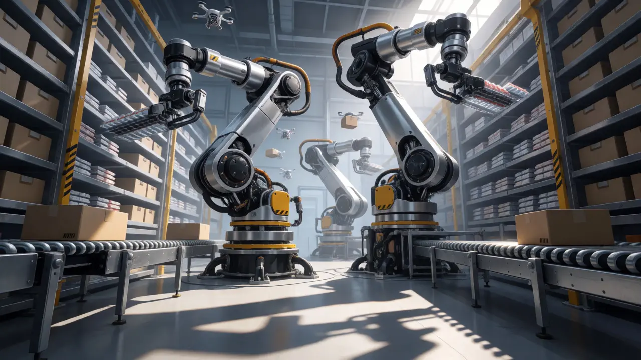 Automated robots sorting medicine in industrial pharmacy