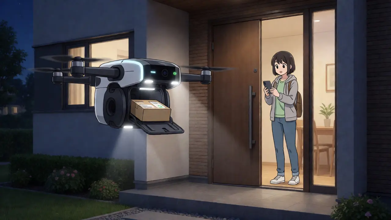 Delivery drone dropping off medicine at a suburban home at night