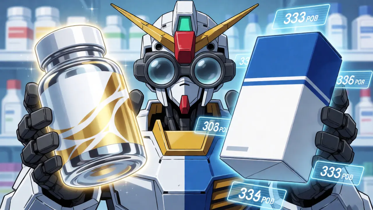 Mecha pharmacist comparing premium and generic medication boxes
